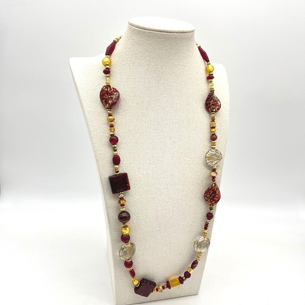 Red Gold Murano Style Glass Beaded Statement Necklace Lampwork Foil Heart Square